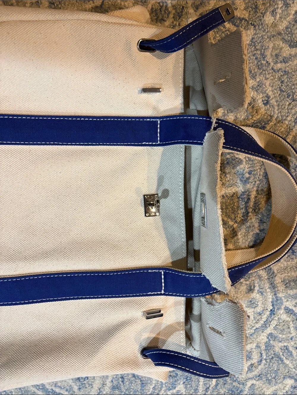 Canvas Tote Bag in Cream with Blue Accents - Women Bags Totes
